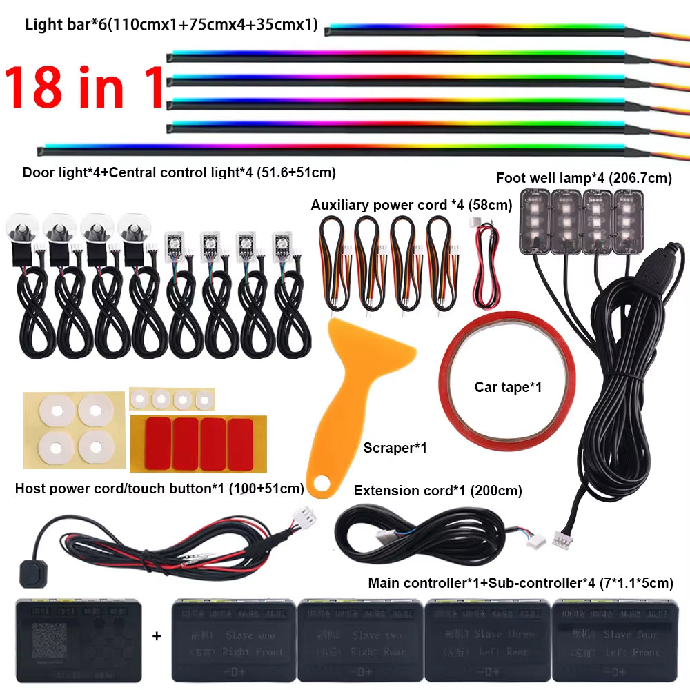 Dual Zone 18 in 1 Full Color Streamer Car Ambient Light RGB 64 Color LED Interior Acrylic Fiber Strip Decoration Atmosphere Lamp