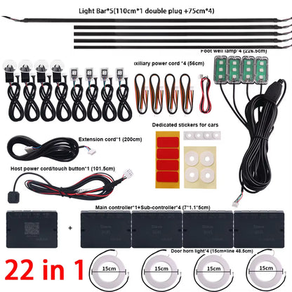Dual Zone 18 in 1 Full Color Streamer Car Ambient Light RGB 64 Color LED Interior Acrylic Fiber Strip Decoration Atmosphere Lamp